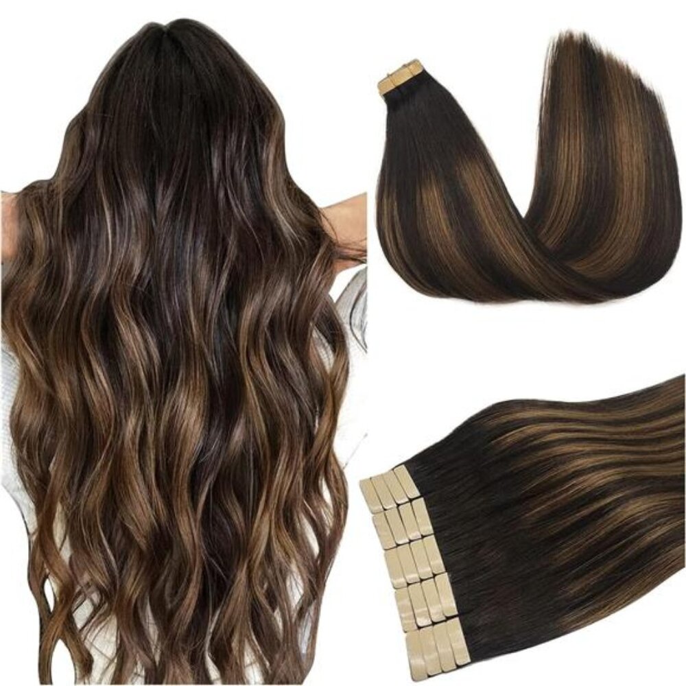 Tape in Hair Extensions Human Hair, Balayage Dark Brown to Chestnut